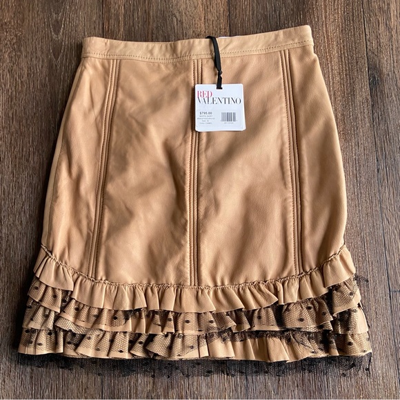 RED Valentino Dresses & Skirts - New with tags Red Valentino lamb skin leather tiered ruffle lace Nappa skirt 4